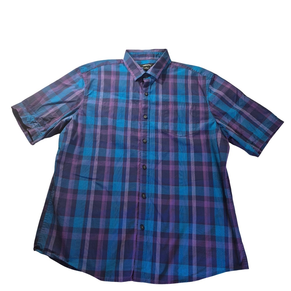 Claiborne Plaid Button Down Shirt Mens XL Short Sleeve Blue Purple Cotton Casual